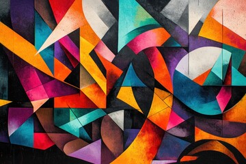 Fototapeta premium A vibrant urban mural with a mix of bold geometric shapes and vivid colors, perfect for showcasing street art. The rich hues and dynamic forms create a lively contrast against the city backdrop. 
