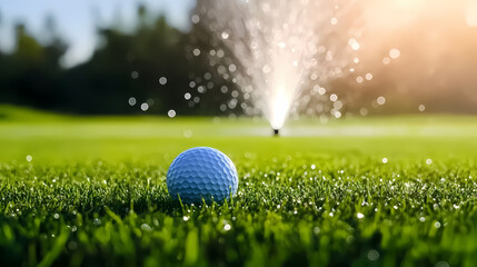 Close-up of golf ball on green field with rainbow spray