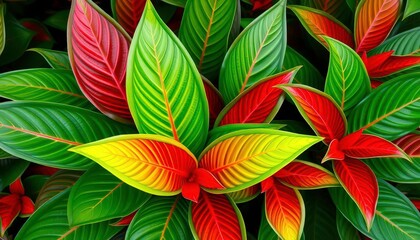 Obraz premium Vibrant green and red Aglaonema commutatum foliage, natural light, decorative plant