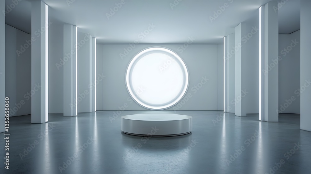 Poster a podium placed in a reflective infinity mirror room, creating a mesmerizing visual effect