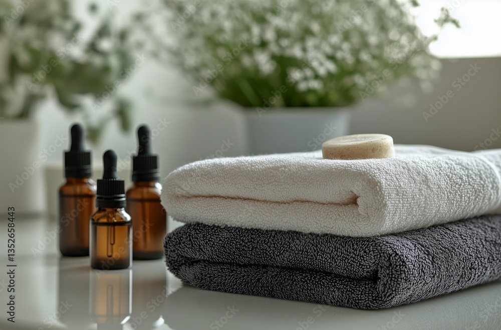 Poster relaxing spa setup with essential oils and towels in a calming atmosphere