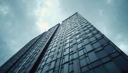 Fototapeta premium Modern tall building with many windows against cloudy sky. Contemporary architecture, urban landscape with high-rise glass skyscraper. Corporate office structure in city downtown. Business, financial