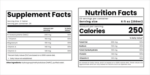 Nutrition facts template design ,Supplement facts and vitamin facts template,  fats and diet calories list for fitness healthy dietary supplement, protein sport nutrition facts