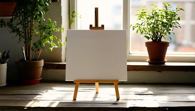 an empty canvas on an easel set up next to a window with a potted plant sitting on the windowsill.