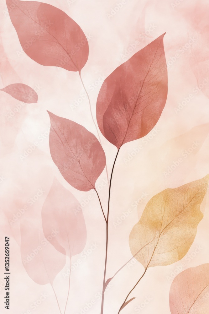 Poster delicate branch with translucent leaves in autumnal hues on a soft background.