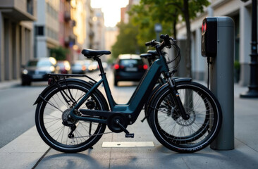 An electric bicycle is parked on the street.