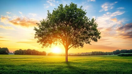 A tree stands alone in the green grass, against the backdrop of a sunset sky with clouds.