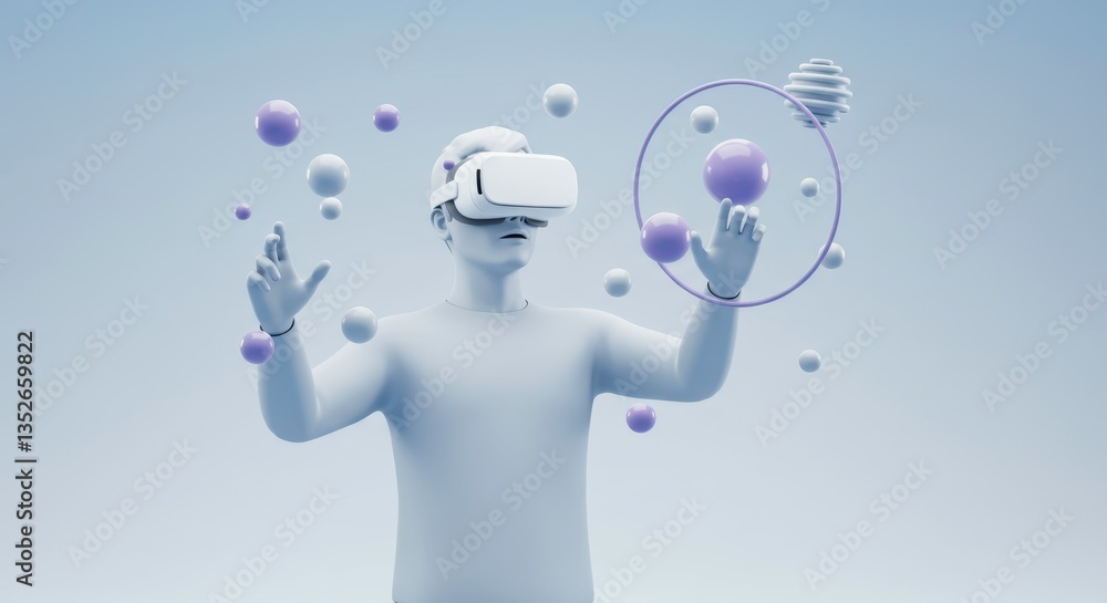 Poster man interacts with digital objects in virtual reality headset, showcasing future technology for gami
