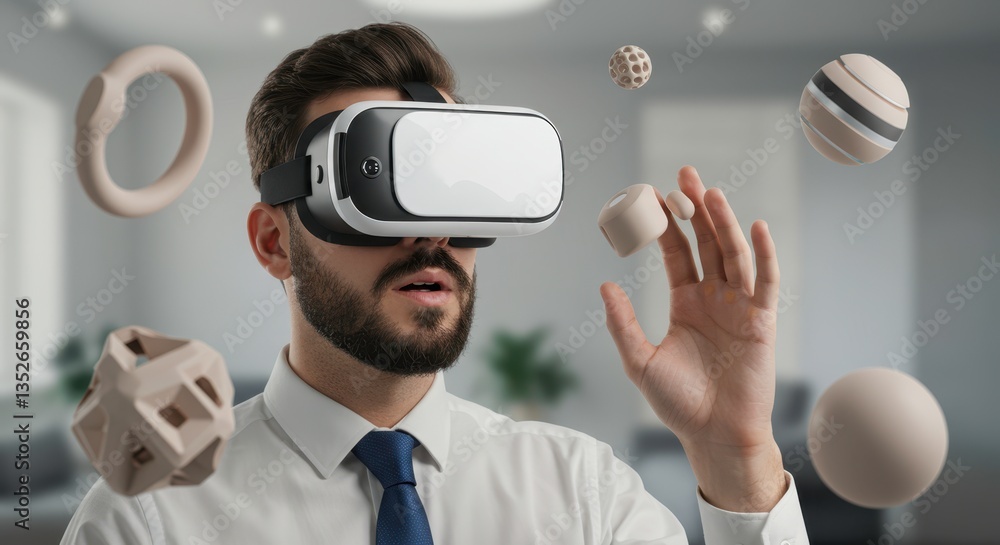Poster smart man interacts with virtual reality objects at modern office, creating innovative solutions for