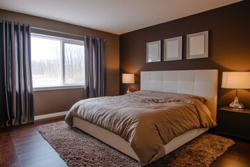 A modern bedroom showcasing interior design and cozy atmosphere