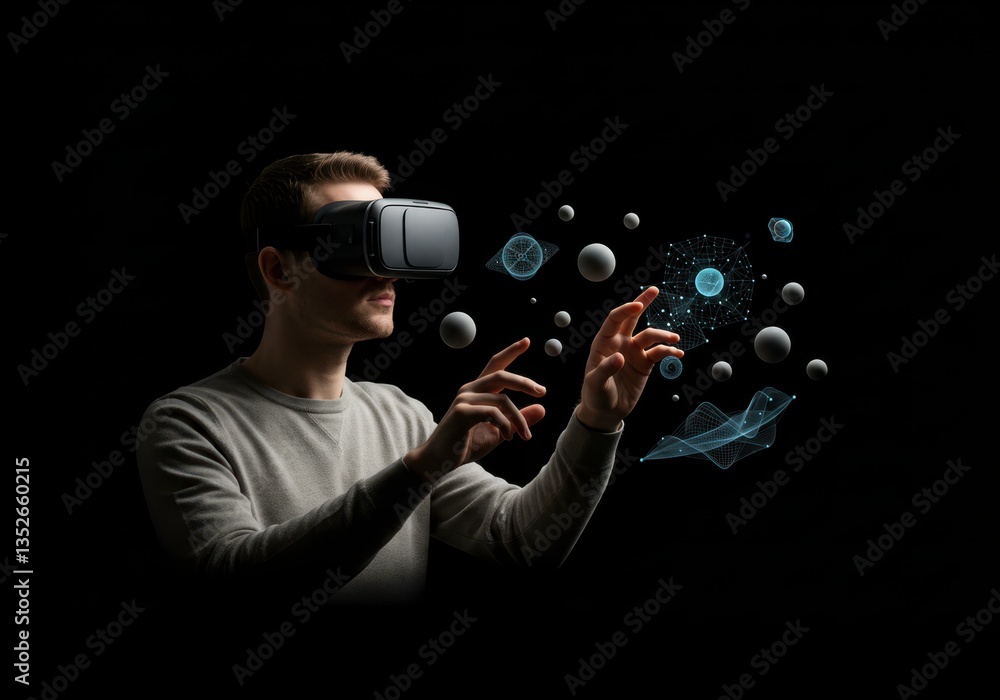 Aufkleber man using vr headset to explore augmented reality world and interact virtual metaverse, experiencing