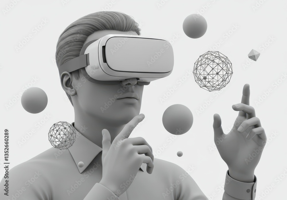 Poster man explores digital world in virtual reality headset, interacting with abstract geometric shapes. i