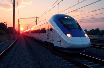 Naklejka premium Close-up. Modern train travels along the railway during sunset.