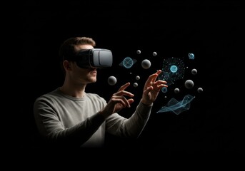 Man using vr headset to explore augmented reality world and interact virtual metaverse, experiencing immersive technology, ai innovation and creative futuristic solutions