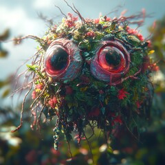A creature with large red eyes and covered in natural foliage
