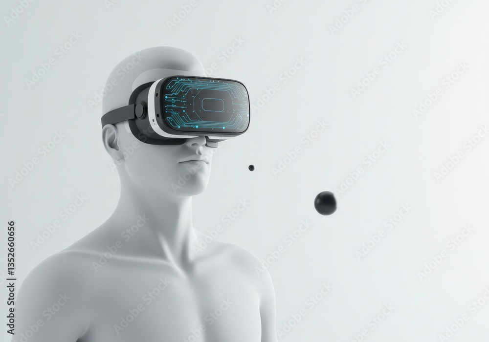Poster man in virtual reality headset viewing digital world. abstract metaverse experience with cyberspace 