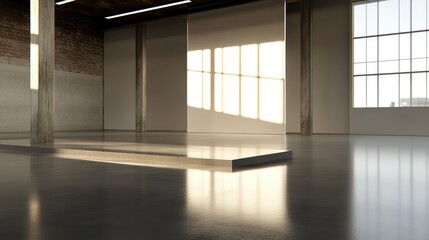 Sunlit modern industrial interior with polished concrete floor and large windows