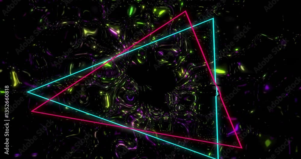 Poster animation of neon triangles swirling over vibrant abstract patterns with colors
