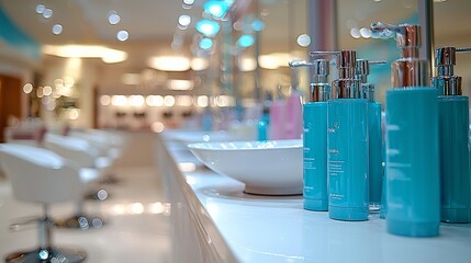 Modern Salon Interior with Teal Bottles
