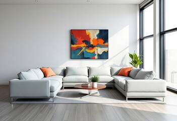 Sleek minimalist living room with modular sofa, abstract art, and large window , window, room