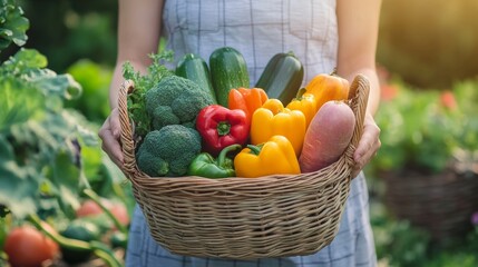 Fototapeta premium A woman holding a basket full of fresh vegetables in the garden. 