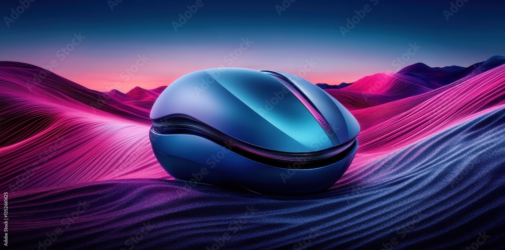 Poster a modern computer mouse design resting on abstract colorful terrain