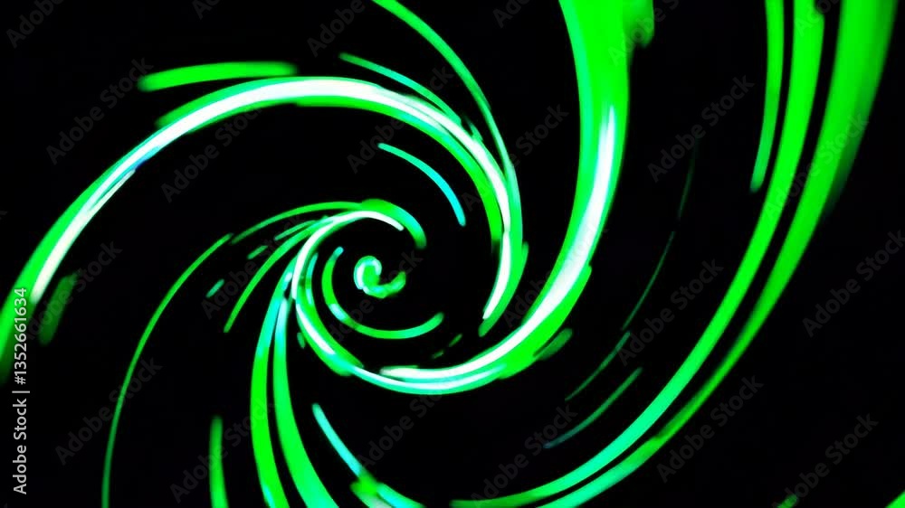 Poster abstract green light spiral pattern against black background, digital vortex design