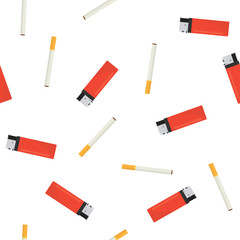 Cigarette and lighter seamless pattern. Bad addiction, tobacco and nicotine product. Texture pattern with red lighter and cigarette. Wallpaper template. Smoke problem.