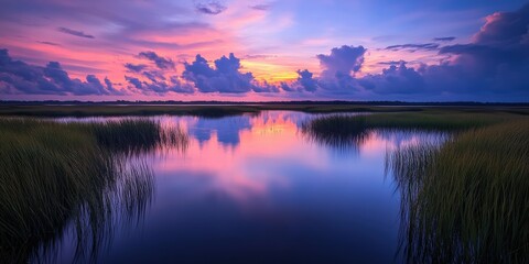 Fototapeta premium Sunset hues on marsh water