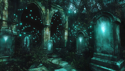 Enchanted graveyard at night illuminated by glowing orbs, surrounded by lush overgrowth and ruins
