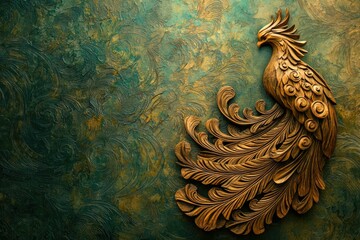 Intricate wooden carving of a phoenix against a richly textured, teal and gold background.