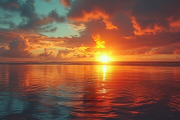 Obraz premium Bright sunset over the ocean with clouds.