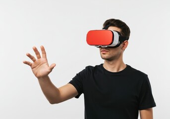 Man wearing virtual reality headset interacting with digital interface, exploring vr experience, concept for metaverse, digital future and innovative technology