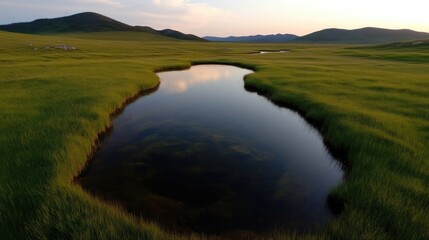 Fototapeta premium Serene mountain meadow pond. Tranquil waters reflecting the soft light of a gentle sunset. Lush green grassland surrounds a secluded pond, showcasing the beauty of a high-altitude valley