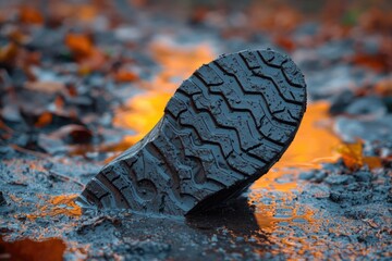 Muddy boot sole in autumn leaves, reflecting sunset colors. A close-up.