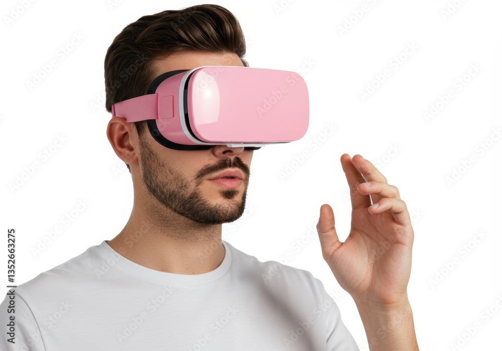 Aufkleber man interacting in virtual reality with pink vr headset using simulated digital environment for imme