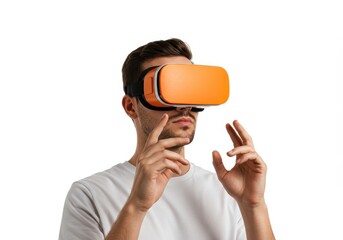 Man interacts in augmented reality, enjoying immersive experience, using virtual reality glasses, exploring metaverse, innovative technology for entertainment