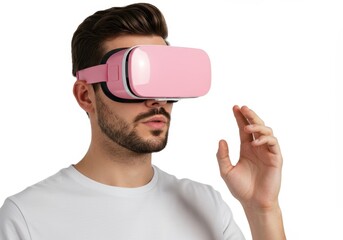 Man interacting in virtual reality with pink VR headset using simulated digital environment for immersive experience and innovative entertainment, futuristic technology