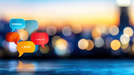 Colorful speech bubbles against bokeh lights background at dusk