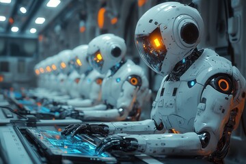 Robots working diligently in a futuristic control room during advanced technology development
