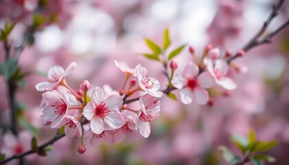 Fototapeta premium Soft pink blossoms against a blurred floral background, pink petals, delicate