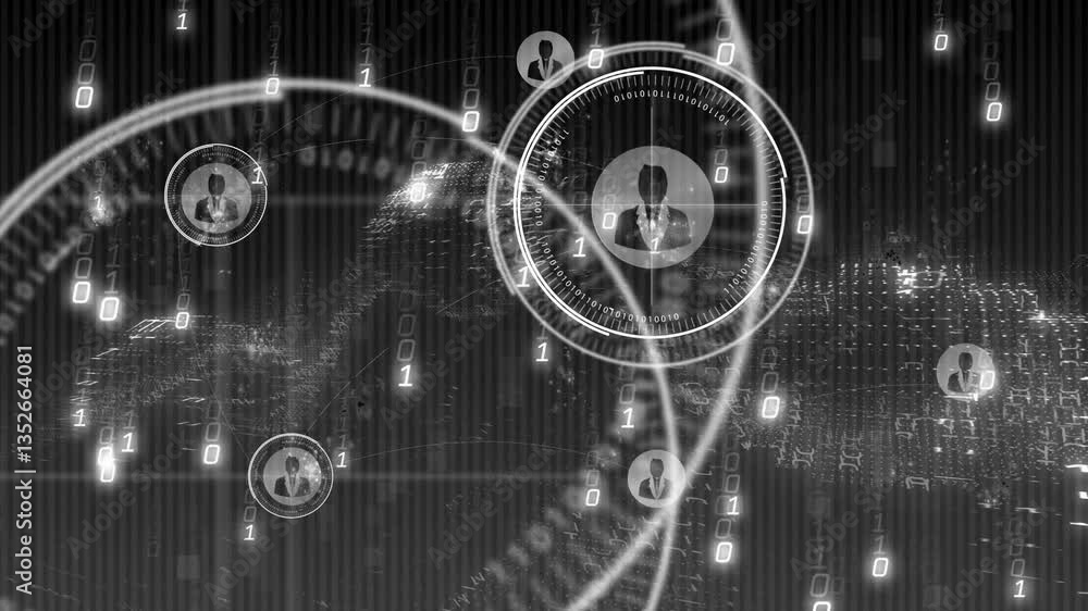 Poster Animation of binary code and user icons overlaying world map in digital network