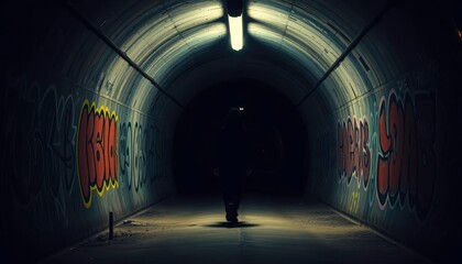 Solitary figure strides through graffiti-strewn tunnel, stark silhouette against darkness, anonymity, decay