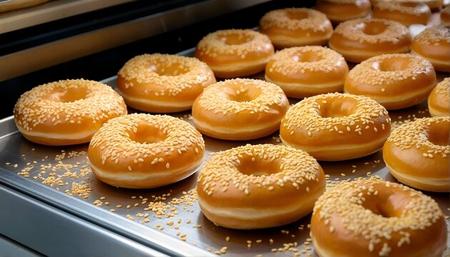 Sesame seeds are sprinkled over baked golden brown doughnuts on metal baking trays.