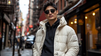 Obraz premium Stylish man in cream puffer jacket, sunglasses, city street.