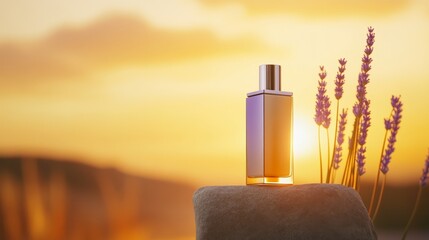 Elegant perfume bottle on a stone with lavender at sunset, creating a serene atmosphere