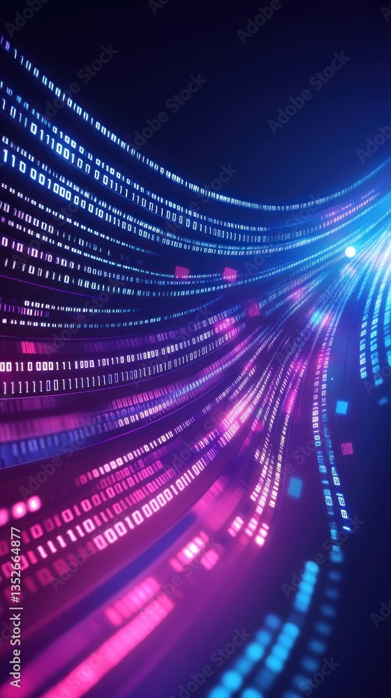Poster binary code stream flowing in cyberspace with pink and blue lights