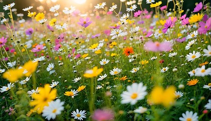 A vibrant field of wildflowers is bathed in sunlight.