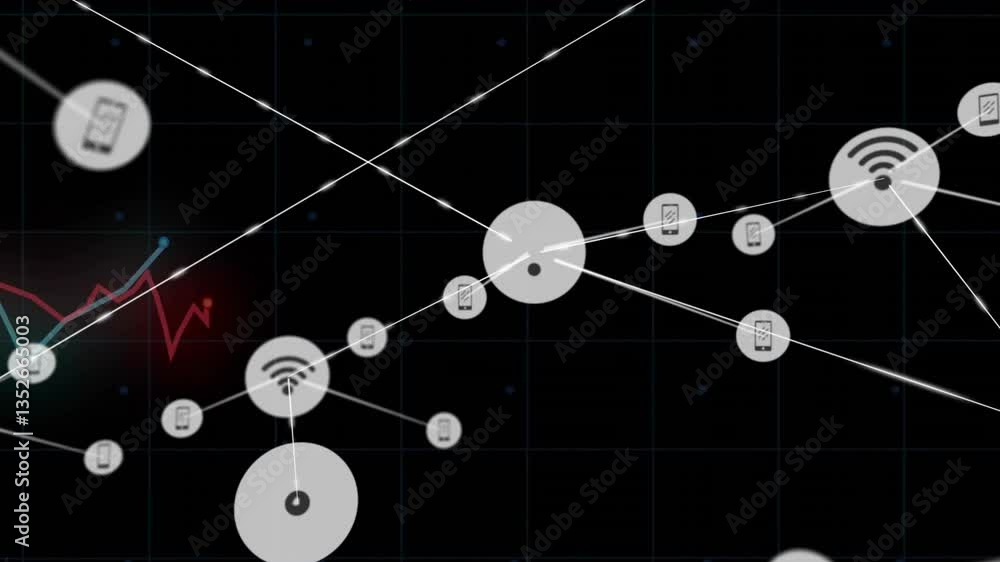 Poster network of connections and data processing animation over digital grid background