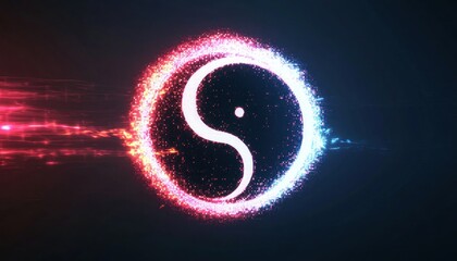 Yin yang symbol glowing with red and blue particles representing balance and harmony